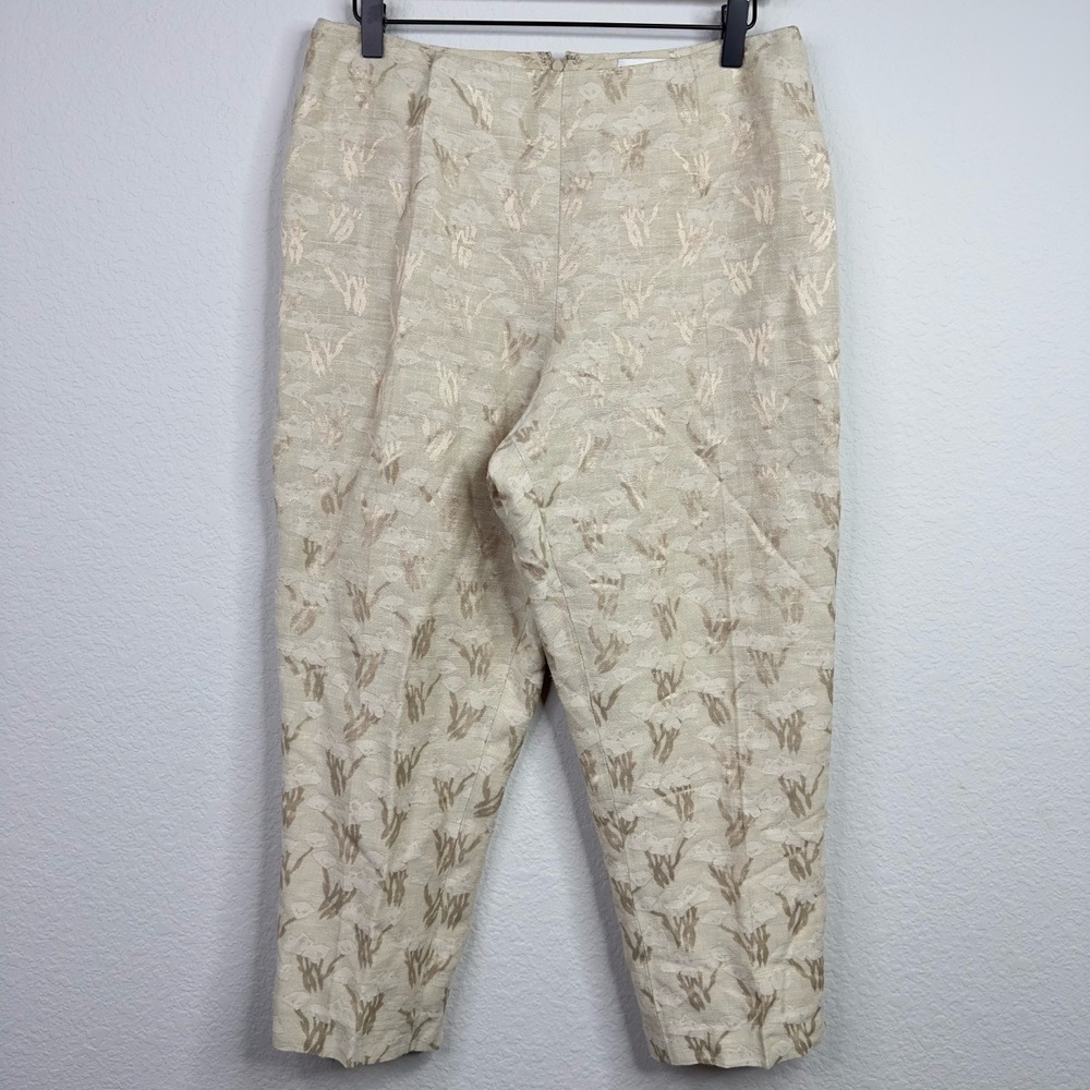 Oscar de la Renta Pants Womens 12P Beige Linen Blend Jacquard Brocade Minimalist